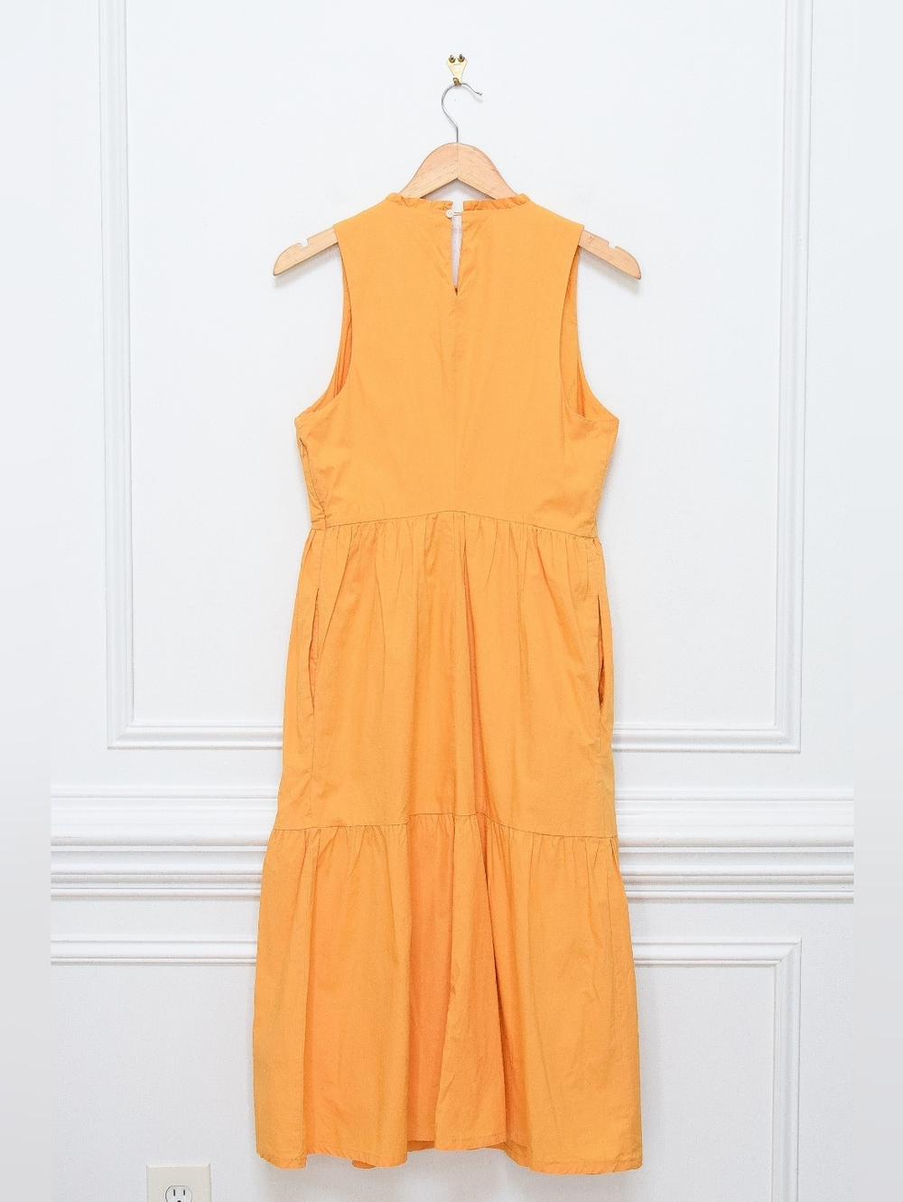 J Crew Tiered Midi Dress Saffron Orange Pockets Cotton Size 12 Boho Cottage - Picture 6 of 11